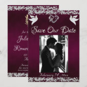 Foto, Duiven, Zilveren Hart & Glitter - Paarse Save The Date (Voorkant / Achterkant)