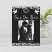 Foto, Duiven, Zilveren Hart & Glitter - Zwart Save The Date (Staand voorkant)