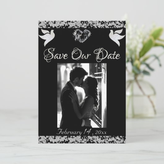 Foto, Duiven, Zilveren Hart & Glitter - Zwart Save The Date (Staand voorkant)