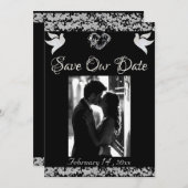 Foto, Duiven, Zilveren Hart & Glitter - Zwart Save The Date (Voorkant / Achterkant)