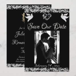 Foto, Duiven, Zilveren Hart & Glitter - Zwart Save The Date