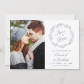 Foto Dusty Blue Botanical Wreath Save the Date Kaart (Voorkant)
