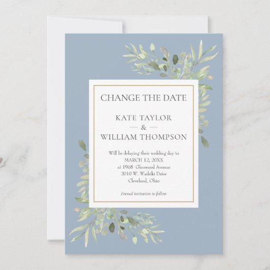 Foto Dusty Blue Change the Date Greenery Leaves Save The Date (Voorkant)