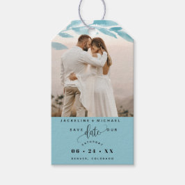 Foto, Dusty Blue Leaves Bruiloft Save the Date Cadeaulabel