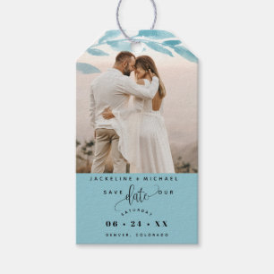 Foto, Dusty Blue Leaves Bruiloft Save the Date Cadeaulabel