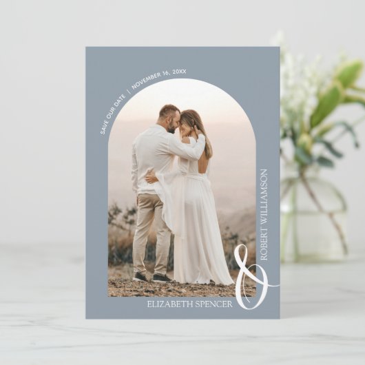 Foto: Dusty Blue QR Code Weddenschap Save The Date (Staand voorkant)