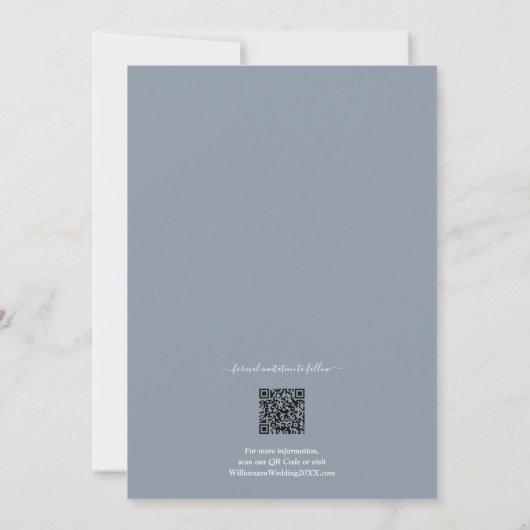 Foto: Dusty Blue QR Code Weddenschap Save The Date (Achterkant)