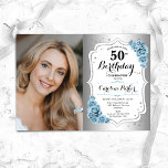 Foto Dusty Blue Silver 50ste verjaardag Kaart<br><div class="desc">Elegante bloemenvrouwelijke 50e verjaardagsuitnodiging met uw foto. Glam ontwerp met faux zilver. Beschikt over licht stoffige blauwe rozen,  script lettertype en confetti. Perfect voor een stijlvol volwassen feestje. Personaliseer met je eigen gegevens. Kan voor om het even welke leeftijd worden aangepast! Gedrukte Zazzle-uitnodigingen of direct download digitale afdrukbare sjabloon.</div>