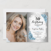 Foto Dusty Blue Silver 50ste verjaardag Kaart (Voorkant)