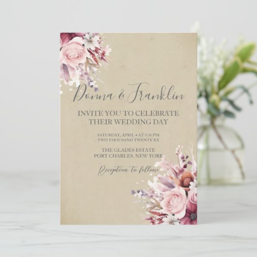 Foto Dusty Pink Rose QR Code Wedding Kaart (Staand voorkant)