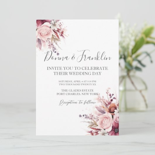 Foto Dusty Roos Roze QR Code Huwelijk Kaart (Staand voorkant)