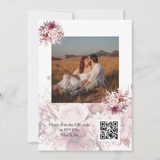 Foto Dusty Roos Roze QR Code Huwelijk Kaart (Achterkant)