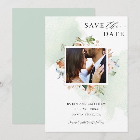Foto Earthy Blooms en Green Floral Wedding Save The Date (Voorkant / Achterkant)