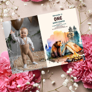 Foto Een Gelukkige Camper Wood Boys 1e Verjaardag Kaart