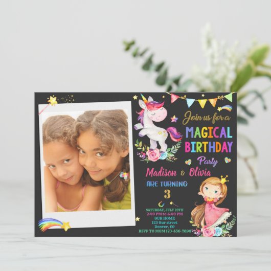 Foto eenhoorn en prinses verjaardagsuitnodiging kaart (Staand voorkant)