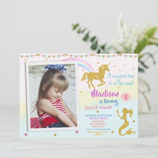 Foto eenhoorn en zeemeermin verjaardag uitnodiging (Staand voorkant)