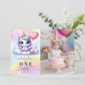 Foto Eenhoorn Rainbow Sparkles Gold 1e Verjaardag Kaart (Staand voorkant)