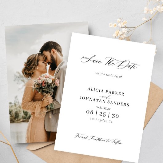 Foto eenvoudige elegante zwart-witte bruiloft save the date