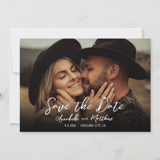 Foto eenvoudige rustieke script Boho bruiloft Save The Date (Voorkant)