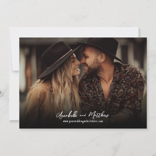 Foto eenvoudige rustieke script Boho bruiloft Save The Date (Achterkant)