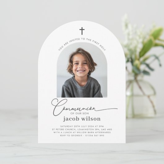 Foto Eerste Communie Jongen Boog Uitnodiging (Staand voorkant)