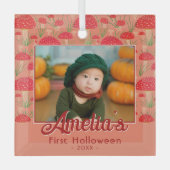 Foto eerste Halloween Red Mushroom Herfst Glas Ornament (Voorkant)