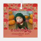 Foto eerste Halloween Red Mushroom Herfst Glas Ornament (Achterkant)