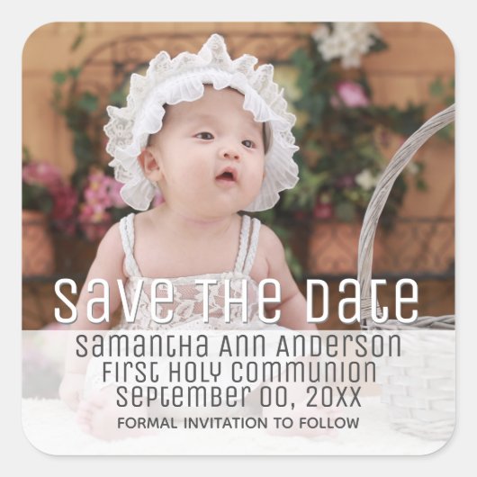 Foto eerste heilige communie minimalistische moder vierkante sticker (Voorkant)