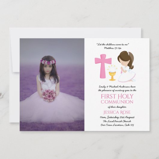 FOTO Eerste Heilige Communie uitnodigt meisje BRUN Kaart (Voorkant)