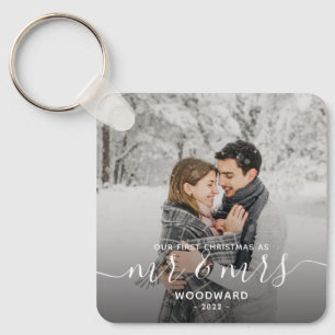 Foto Eerste Kerst Gescheiden Wit Schrift Sleutelhanger