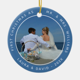 Foto Eerste Kerstmis als Mr en Mrs Blue Wedding Keramisch Ornament