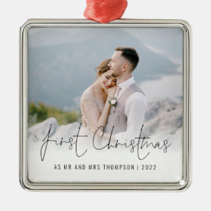 Foto eerste Kerstmis, de heer Mrs Name Year Metalen Ornament