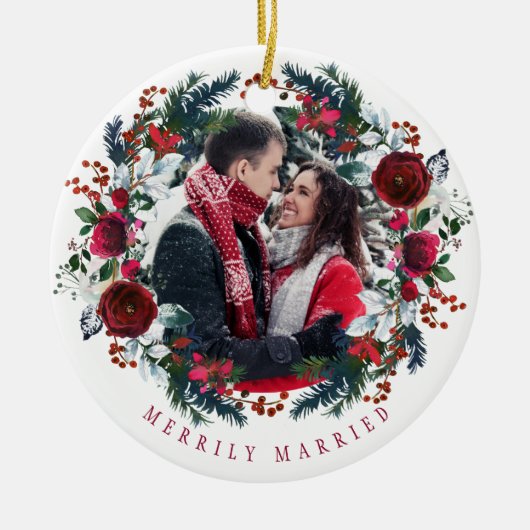 Foto Eerste Kerstmis Mr. en Mrs. getrouwd Keramisch Ornament (Voorkant)