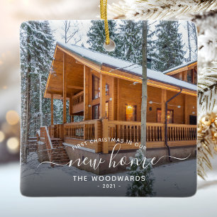 Foto Eerste Kerstmis Nieuw Thuis Witte Script Keramisch Ornament