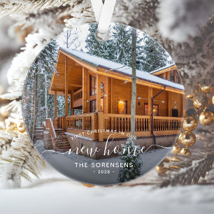 Foto Eerste Kerstmis Nieuw Thuis Witte Script Ornament