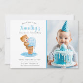Foto Eerste Verjaardag Jongen Teddy Bear Ice Cream Kaart (Voorkant)