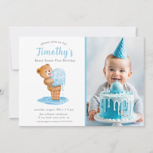 Foto Eerste Verjaardag Jongen Teddy Bear Ice Cream Kaart (Voorkant)