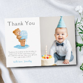 Foto eerste verjaardag jongen teddybeer ijs bedankkaart