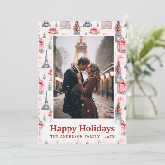 Foto Eiffeltoren Chique Paris Roze Kerstmis Feestdagenkaart (Staand voorkant)