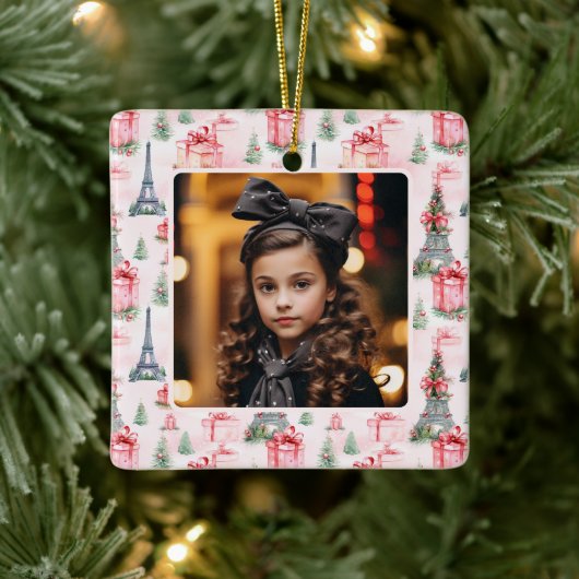 Foto Eiffeltoren Parijs Chique roze Kerstmis Keramisch Ornament (Boom)