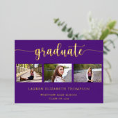 Foto Elegant Afstuderen Paars Gold Folie Uitnodiging (Staand Voorkant)