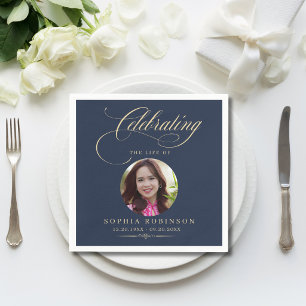 Foto Elegant Blauw Goud Schrift Rouwherdenking  Servet