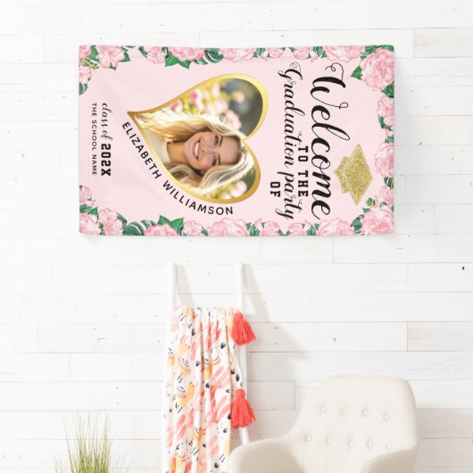Foto Elegant Bloemen Roze Afstuderen Welkom Spandoek (Insitu)