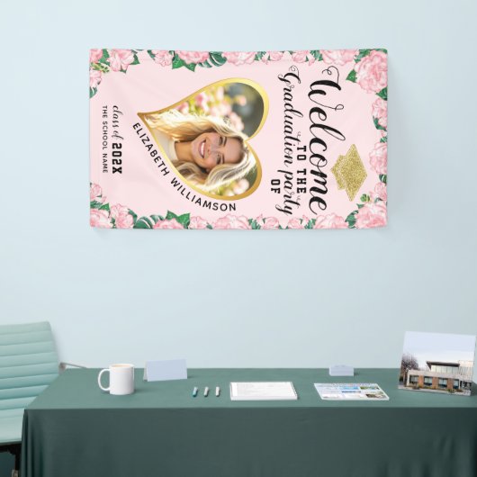 Foto Elegant Bloemen Roze Afstuderen Welkom Spandoek (Beurs)