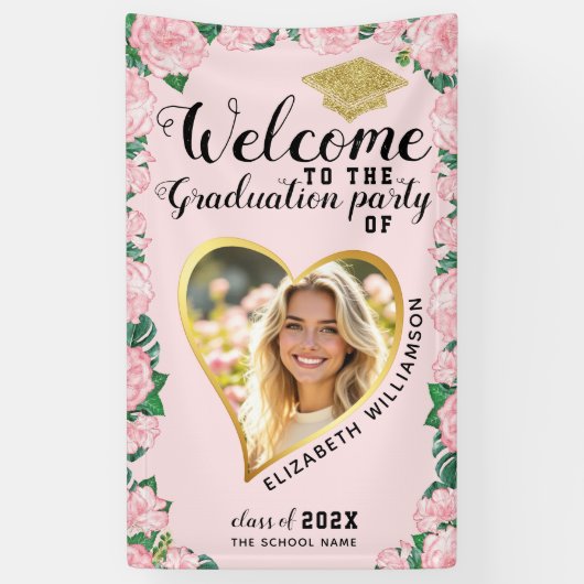 Foto Elegant Bloemen Roze Afstuderen Welkom Spandoek (Verticaal)