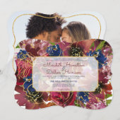 Foto Elegant Burgundy Blue Gold Floral Wedding Kaart (Voorkant / Achterkant)