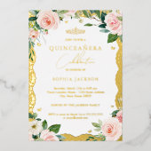 Foto: Elegant Gold Lace Pink Floral Quinceanera Folie Uitnodiging (Voorkant)