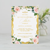 Foto: Elegant Gold Lace Pink Floral Quinceanera Folie Uitnodiging (Staand Voorkant)