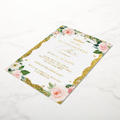 Foto: Elegant Gold Lace Pink Floral Quinceanera Folie Uitnodiging (Gedraaid)