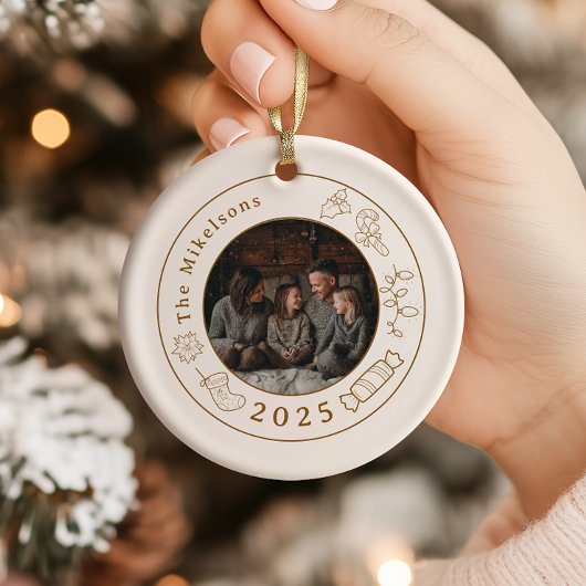 Foto Elegant Gold Line Art Christmas Keramisch Ornament